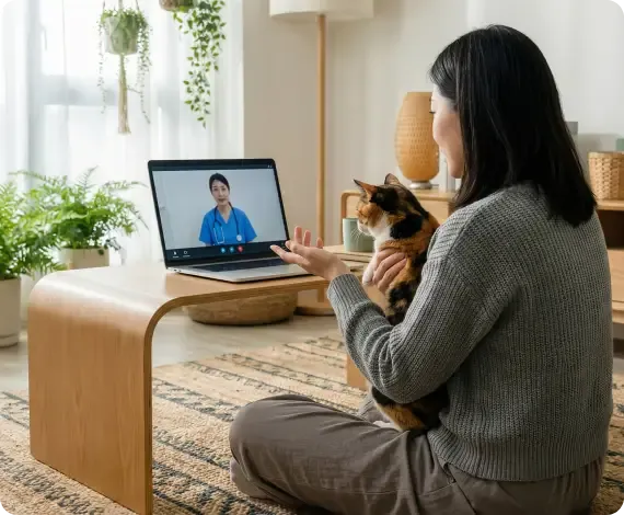 A pet parent on a video call with a licensed veterinary professional from home